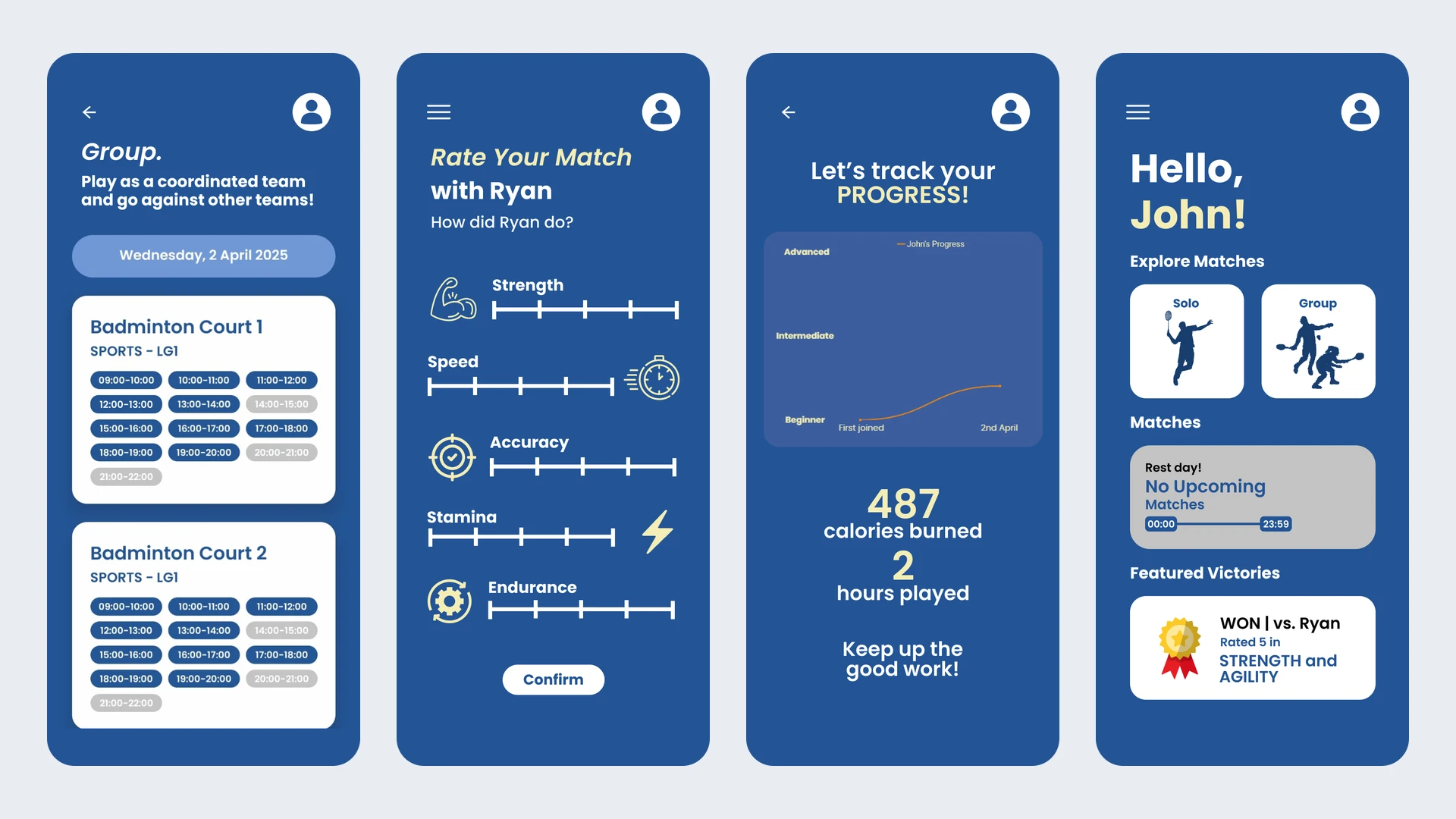 SportsMatch screens for group matches, rating an opponent, progress tracking and featured victories