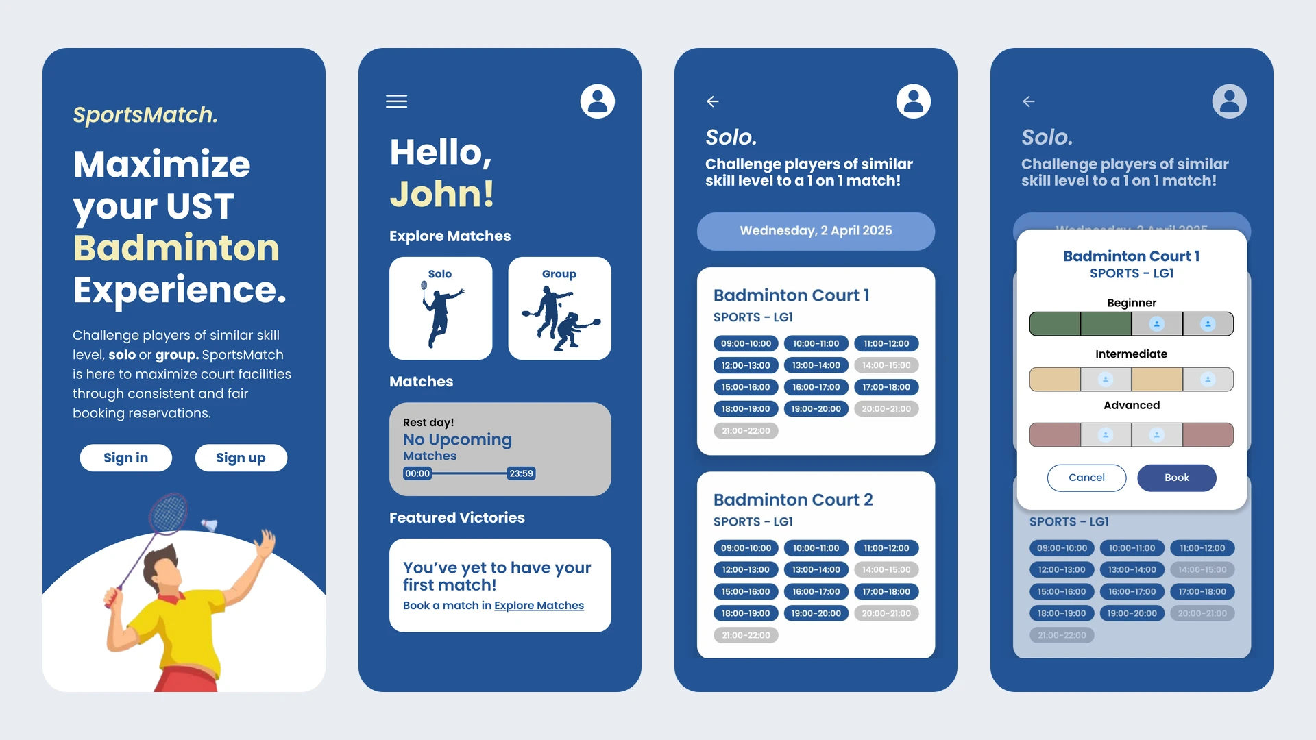 SportsMatch screens for the landing page, home, solo matches and booking a badminton court by skill level