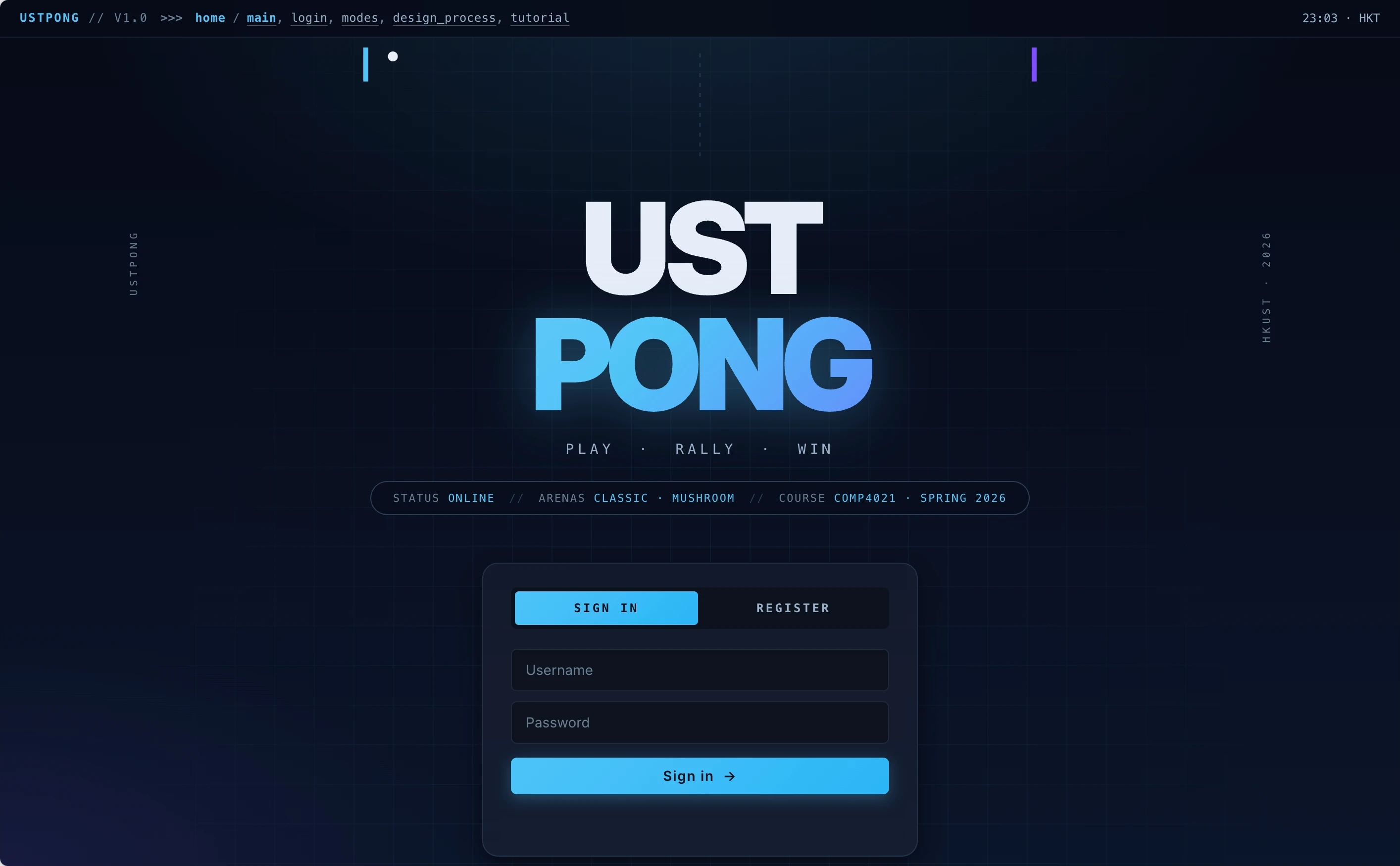 UST Pong home screen with the sign-in form